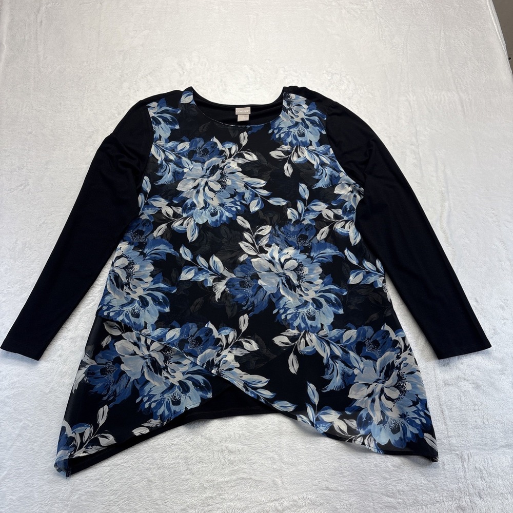 Chico's Blouse Womens Size 2 (8/10/12) Blue/Black Long Sleeve Floral Overlay